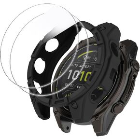 Compatible for Garmin Enduro 3 Screen Protector with Case, Lamshaw (2+1Pack) Tempered Glass Film Full Coverage + Soft TPU Protective Case Compatible for Garmin Enduro 3 Smartwatch (1*black case+2*glass film)