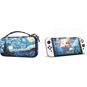 Fintie Bundle: Carrying Case for Nintendo Switch OLED Model 7.0"/Switch 6.2" with Game Card Slots & Inner Pocket + [2-Pack] Tempered Glass Screen Protector