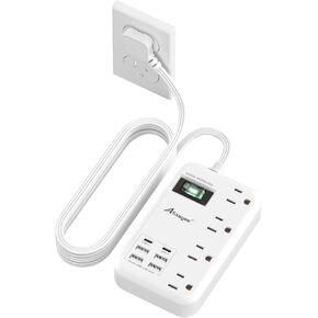 Alitayee 6 USB(2 USB C) Surge Protector Power Strip- Travel Power Strip with 24W USB Charging Station and 4 Extendable Outlet Extender, 6Ft Flat Extension Cord with Wall Mounted for Travel Home Dorm