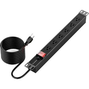 CableGeeker 6 Outlets PDU Power Strip, Wall Mount Outlet Power Strips Heavy Duty with Switch for Network Server Racks, Industral Commercial, Wide Spaced 15A 125V 1875W, 6.56 FT SJT 16AWG Power Cord