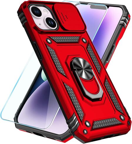 SunStory Compatible with iPhone 14 Plus Case with HD Screen Protector & Slide Camera Cover & Rotated Ring Kickstand, [Military-Grade] Phone Case for iPhone 14 Plus (Red) in Kuwait