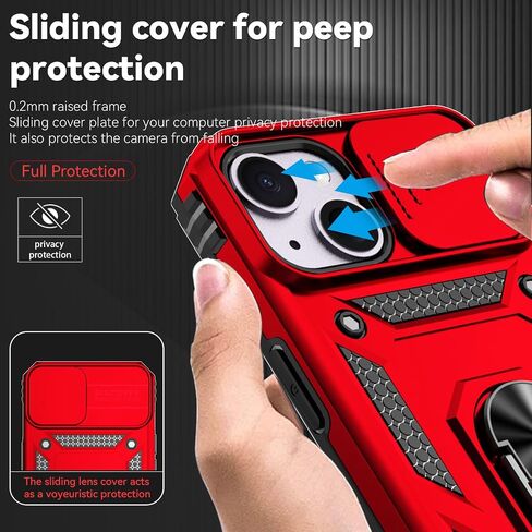 SunStory Compatible with iPhone 14 Plus Case with HD Screen Protector & Slide Camera Cover & Rotated Ring Kickstand, [Military-Grade] Phone Case for iPhone 14 Plus (Red) in Kuwait