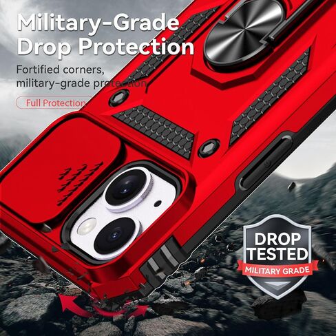 SunStory Compatible with iPhone 14 Plus Case with HD Screen Protector & Slide Camera Cover & Rotated Ring Kickstand, [Military-Grade] Phone Case for iPhone 14 Plus (Red) in Kuwait