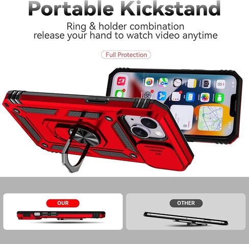 SunStory Compatible with iPhone 14 Plus Case with HD Screen Protector & Slide Camera Cover & Rotated Ring Kickstand, [Military-Grade] Phone Case for iPhone 14 Plus (Red) in Kuwait