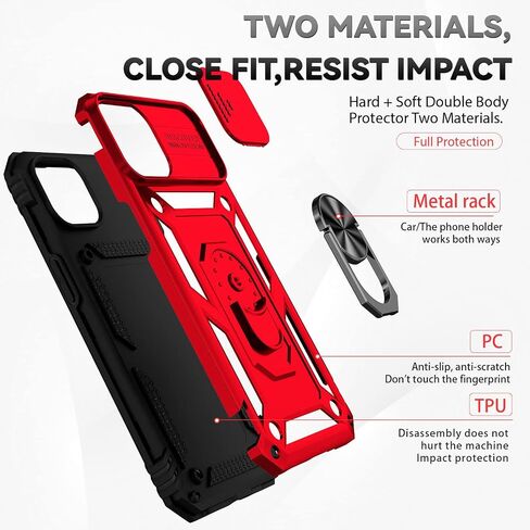 SunStory Compatible with iPhone 14 Plus Case with HD Screen Protector & Slide Camera Cover & Rotated Ring Kickstand, [Military-Grade] Phone Case for iPhone 14 Plus (Red) in Kuwait