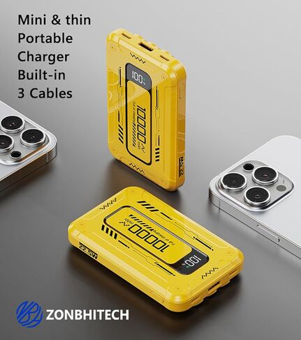 Mini Power Bank تم إنشاؤه في 3 كابلات شاحن محمول 10000 مللي أمبير في الساعة مع عرض مرآة LED متوافق مع الهواتف المحمولة تقريبًا (أصفر) in Kuwait