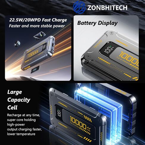 Mini Power Bank تم إنشاؤه في 3 كابلات شاحن محمول 10000 مللي أمبير في الساعة مع عرض مرآة LED متوافق مع الهواتف المحمولة تقريبًا (أصفر) in Saudi Arabia