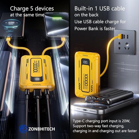 Mini Power Bank تم إنشاؤه في 3 كابلات شاحن محمول 10000 مللي أمبير في الساعة مع عرض مرآة LED متوافق مع الهواتف المحمولة تقريبًا (أصفر) in Saudi Arabia