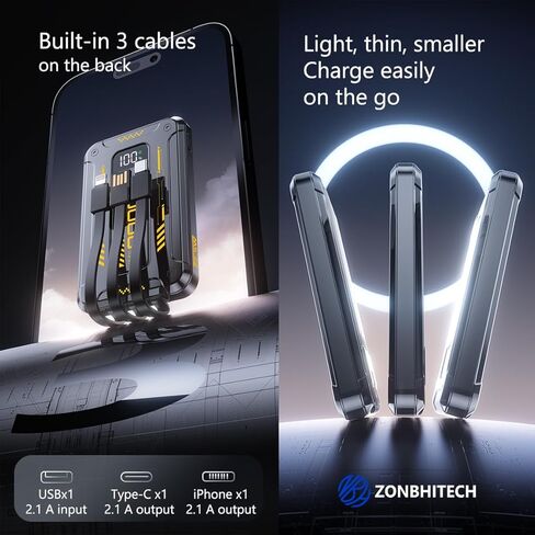 Mini Power Bank تم إنشاؤه في 3 كابلات شاحن محمول 10000 مللي أمبير في الساعة مع عرض مرآة LED متوافق مع الهواتف المحمولة تقريبًا (أصفر) in Saudi Arabia