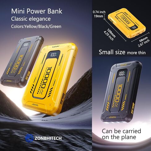 Mini Power Bank تم إنشاؤه في 3 كابلات شاحن محمول 10000 مللي أمبير في الساعة مع عرض مرآة LED متوافق مع الهواتف المحمولة تقريبًا (أصفر) in Saudi Arabia