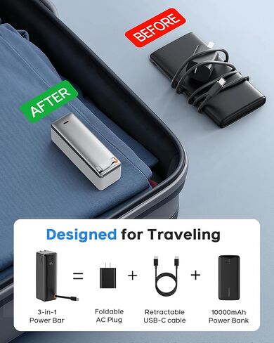 YKZ 3-in-1 شاحن السفر لـ iPhone 16/15 | 10000 مللي أمبير في الساعة بنك الطاقة مع قابس الجدار القابل للطي والكابل USB-C قابل للسحب | 30W PD الشحن السريع ، عرض LED ، طائرة آمنة | معتمد من TSA لرحلات العمل in Kuwait