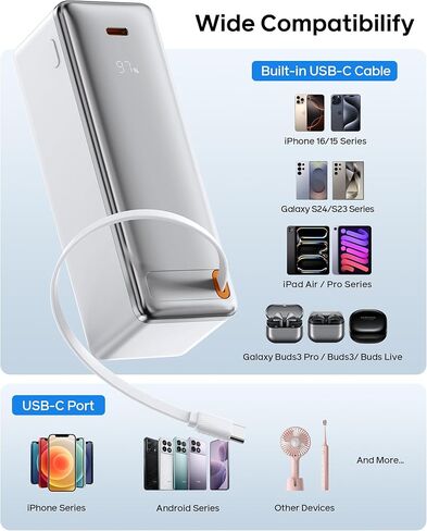 YKZ 3-in-1 شاحن السفر لـ iPhone 16/15 | 10000 مللي أمبير في الساعة بنك الطاقة مع قابس الجدار القابل للطي والكابل USB-C قابل للسحب | 30W PD الشحن السريع ، عرض LED ، طائرة آمنة | معتمد من TSA لرحلات العمل in Kuwait