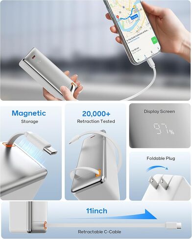 YKZ 3-in-1 شاحن السفر لـ iPhone 16/15 | 10000 مللي أمبير في الساعة بنك الطاقة مع قابس الجدار القابل للطي والكابل USB-C قابل للسحب | 30W PD الشحن السريع ، عرض LED ، طائرة آمنة | معتمد من TSA لرحلات العمل in Kuwait