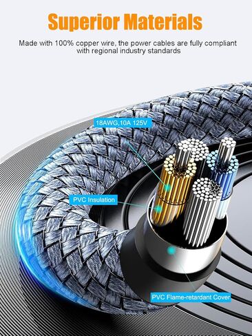 Power Cord, HOMAIR Nylon Braided 3 Prong AC TV Power Cord,18AWG 10A 125V Replacement Power Cable for Computer, Monitor, Printer, PC, Projector, Samsung, Dell, Vizio, LG, Asus, Laptop & More 10ft in Kuwait