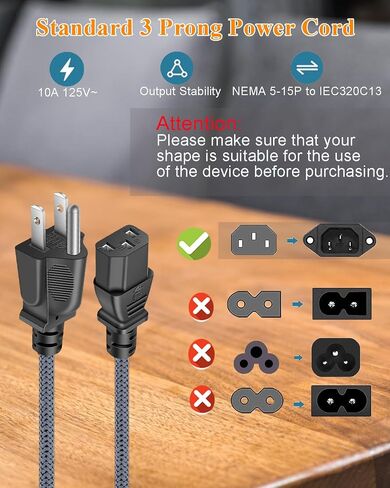 Power Cord, HOMAIR Nylon Braided 3 Prong AC TV Power Cord,18AWG 10A 125V Replacement Power Cable for Computer, Monitor, Printer, PC, Projector, Samsung, Dell, Vizio, LG, Asus, Laptop & More 10ft in Kuwait