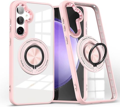 for Galaxy S24 Case with Glass Screen Protector + Case Clear [Compatible with MagSafe] with Metal Stand Ring Phone Cover Galaxy S24 Case Transparent (Galaxy S24, Pink) in Saudi Arabia