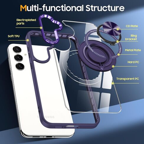 for Galaxy S24 Case with Glass Screen Protector + Case Clear [Compatible with MagSafe] with Metal Stand Ring Phone Cover Galaxy S24 Case Transparent (Galaxy S24, Pink) in Saudi Arabia