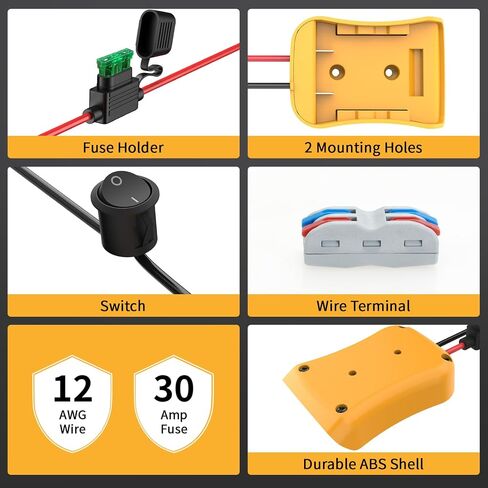 محول بطارية Kzreect متوافق مع بطارية Dewalt 20V | موصل متوافق مع سيارات Peg-Perego 12 فولت، سلك 12AWG، حامل مصهر 40 أمبير، مثبتات لولبية وجدران جافة، سهل التأمين in Kuwait