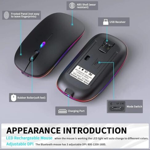 Wireless Bluetooth Mouse 2.4G Rechargable Laptop Mouse with LED Use Portable and 2.4G Dual Mode Silent Slim Ergonomic Shape Computer Mouse for Laptop/Tablet/PC in Saudi Arabia