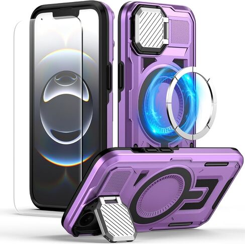 MMHUO for iPhone 16e Case with Adjustable Camera Cover Stand & Screen Protector,[Compatible with MagSafe] [Military Grade Protection] Shockproof Phone Case for iPhone 16e 2025 6.1 inch,Purple in Kuwait