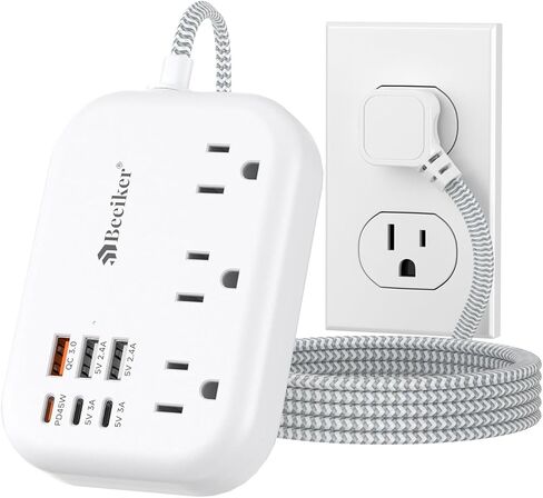 6 USB(3 USB C) Power Strip- Travel Power Strip with 6 USB Desktop Charging Station 24W/4.8A and 3 Outlets, 5Ft Flat Plug Braided Extension Cord, Non Surge Protector for Cruise Ship Travel Office Dorm in Kuwait