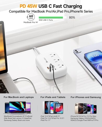 6 USB(3 USB C) Power Strip- Travel Power Strip with 6 USB Desktop Charging Station 24W/4.8A and 3 Outlets, 5Ft Flat Plug Braided Extension Cord, Non Surge Protector for Cruise Ship Travel Office Dorm in Kuwait