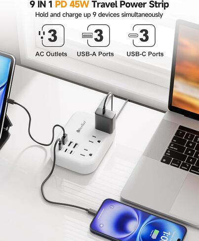 6 USB(3 USB C) Power Strip- Travel Power Strip with 6 USB Desktop Charging Station 24W/4.8A and 3 Outlets, 5Ft Flat Plug Braided Extension Cord, Non Surge Protector for Cruise Ship Travel Office Dorm in Kuwait