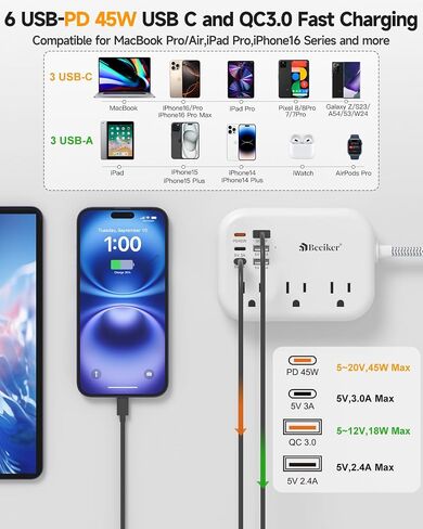 6 USB(3 USB C) Power Strip- Travel Power Strip with 6 USB Desktop Charging Station 24W/4.8A and 3 Outlets, 5Ft Flat Plug Braided Extension Cord, Non Surge Protector for Cruise Ship Travel Office Dorm in Kuwait