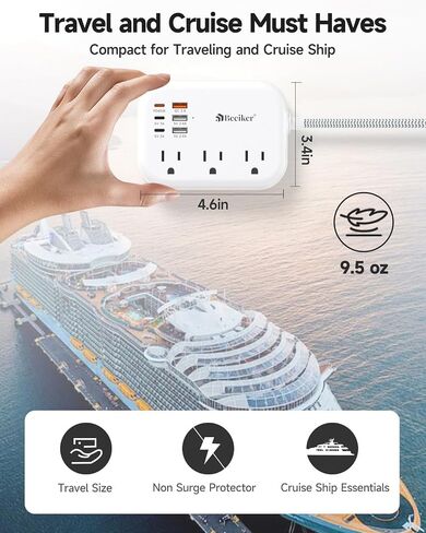 6 USB(3 USB C) Power Strip- Travel Power Strip with 6 USB Desktop Charging Station 24W/4.8A and 3 Outlets, 5Ft Flat Plug Braided Extension Cord, Non Surge Protector for Cruise Ship Travel Office Dorm in Kuwait