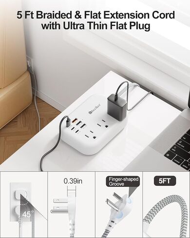 6 USB(3 USB C) Power Strip- Travel Power Strip with 6 USB Desktop Charging Station 24W/4.8A and 3 Outlets, 5Ft Flat Plug Braided Extension Cord, Non Surge Protector for Cruise Ship Travel Office Dorm in Kuwait