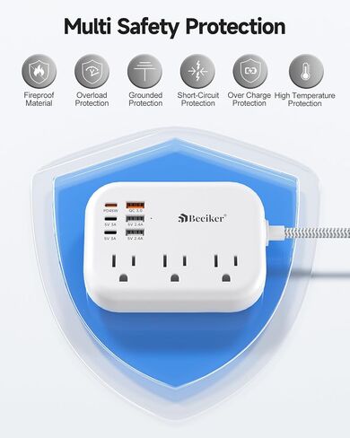 6 USB(3 USB C) Power Strip- Travel Power Strip with 6 USB Desktop Charging Station 24W/4.8A and 3 Outlets, 5Ft Flat Plug Braided Extension Cord, Non Surge Protector for Cruise Ship Travel Office Dorm in Kuwait