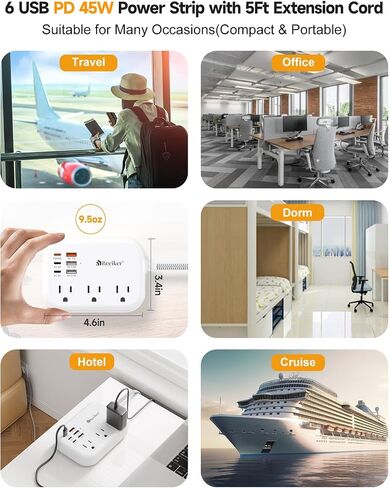 6 USB(3 USB C) Power Strip- Travel Power Strip with 6 USB Desktop Charging Station 24W/4.8A and 3 Outlets, 5Ft Flat Plug Braided Extension Cord, Non Surge Protector for Cruise Ship Travel Office Dorm in Kuwait