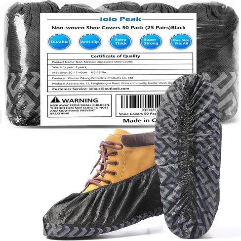 Disposable Shoe Covers 50 Pack (25 Pairs) - Durable, Non-Slip, Water Resistant, and Recyclable Boot Covers for Indoor and Outdoor Use - One Size Fits Most (Non-woven-Black) in Saudi Arabia
