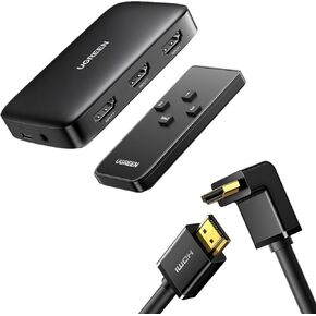 UGREEN HDMI Switch 3 in 1 Out 4K HDMI Splitter, HDMI Switch with Remote Supports HDR CEC 3D HDCP1.4 Bundle with HDMI Cable Right Angle 4K 90 Degree HDMI Cord High Speed Down Angle HDMI 2.0 Cable