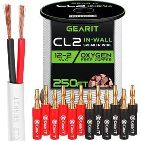 GearIT 250ft 12 AWG CL2 Speaker Wire & 12 Banana Plug