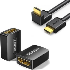 UGREEN HDMI Cable Right Angle 4K 90 Degree HDMI Cord High Speed Down Angle HDMI 2.0 Cable Bundle with HDMI Coupler 2 Pack, 4K@60Hz HDMI Female to Female Adapter HDMI 2.0 Extender