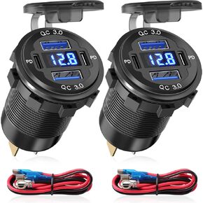Depvko 12V USB Outlet, 78W 4 Port Aluminum Car Charger USB C Dual 30W PD & Dual QC3.0 Car Adapter with LED Voltmeter, Waterproof 12/24 Volt Charger Socket for Boat Marine Bus Truck Golf RV Motorcycle