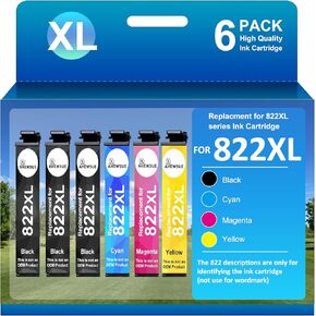 Replacement for 822XL Ink Cartridges Combo Pack 822XL Ink Replacement for WF-3820 WF-3823 WF-4820 WF-4830 WF-4833 WF-4834 Printer (3B/1C/1M/1Y 6PK) 822 only use for Identification
