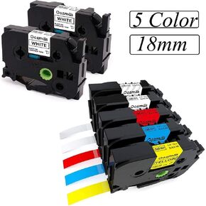 Muti-Color 12mm 1/2 Inch Tape, 18mm 3/4 Inch Tape, Black on White/Clear/Blue/Red/Yellow, 7 Pack