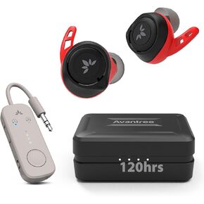 Avantree Relay & Tw106 - محول Bluetooth 5.3 Premium Airplane ، يدعم 2 عدوان أو سماعات الرأس وسماعات الأذن اللاسلكية المنخفضة APTX مع زعانف الأذن لتشغيل تمارين الرياضة ، و Sweatproof