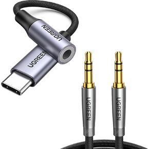 UGREEN USB C to 3.5mm Audio Adapter Type C to Headphone Bundle with 3.5mm Audio Cable Nylon Braided Male to Male