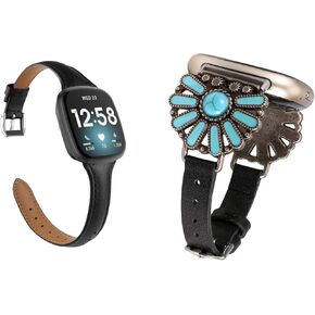 Moolia 2 Packs Compatible with Fitbit Versa 4/Versa 3/Sense 2/Sense Band for Women Slim Leather Strap, Black