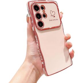 IDweel for Galaxy S22 Plus Case for Women Girls, Luxury Cute Wave Frame Curly Shape with Love Heart Raised Camera Protection Slim Fit Cover Plating Shockproof Lightweight Phone Case, Pink
