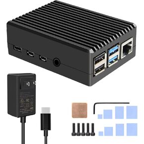 Geekworm Case with Power Supply for Raspberry Pi 4, Heavy Duty Passive Cooling Metal Case + 20W Type-C 5V 4A Power Adapter for Raspberry Pi 4B Only-Black (P173)
