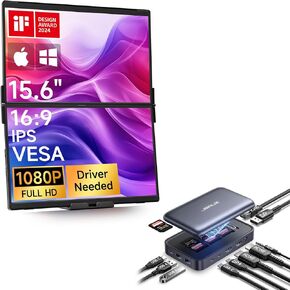 JSAUX FlipGo Pro 15.6" 1080P Dual Screen Portable Monitor & 12 in 1 USB Laptop Magnetic Docking Station