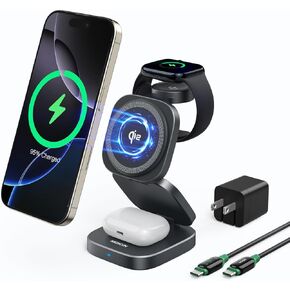 Foldable 3 in 1 Wireless Charger, Qi2-Certified Charging Station,Magnetic Charger Stand 15W MAX for iPhone 16/15/14, 3W for Apple Watch 9/8/7/6/5/4/3/SE, 5W for Airpods3/2 (with 30W PD Adapter)