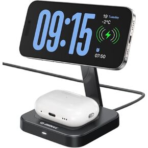 Esoulk 2 in 1 Charging Station for Apple, Mag Safe Charger Stand for iPhone, Mag Safe Charging Station for Multiple Devices iPhone 16/15/14/13/12, Apple Watch, & AirPods, Black (No AC Adapter)