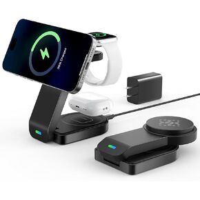 3 in 1 Foldable Charging Station for iPhone, Magnetic Wireless Charger for iPhone 16 15 14 13 12 Pro Max,Wireless Charger for Apple Watch,Wireless Charging Station for AirPods 4/3/2/Pro/2 (White)