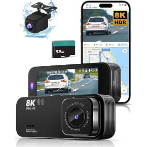Dash Camera for Cars, 8K Ultra HD Dash Cam Front and Rear, Dash Cam with App Control, 32GB Card, Built-in Wi-Fi & GPS, 3.16"IPS Screen, 170°Wide Angle, WDR, Night Vision, 24H Parking Mode