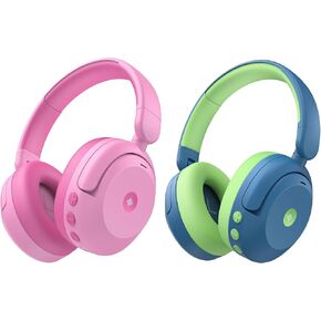 iClever BTH20 Active Noise Cancelling Headphones for Kids Pink/Blue Bundles, 60H Play Time,Type C Fast Charging, Safe Volume 80dBA, Kids Headphones Wireless for iPad Tablet Airplane
